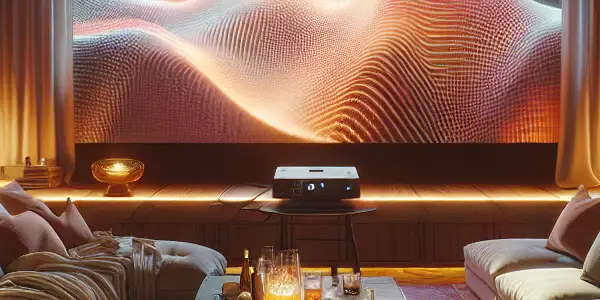 A cozy home cinema with a large screen, plush couch, snacks, and warm lighting for an intimate viewing experience.