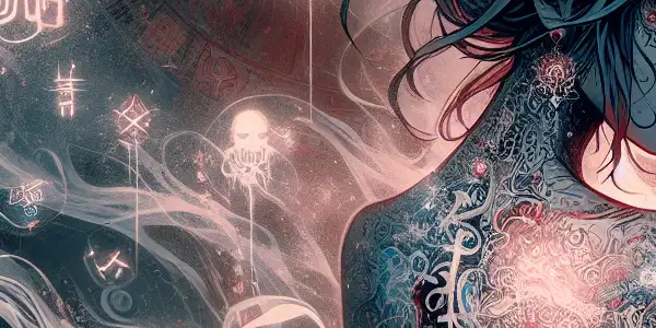 A captivating ghostly figure with mystical tattoos in a dimly lit, eerie setting filled with enigmatic symbols.