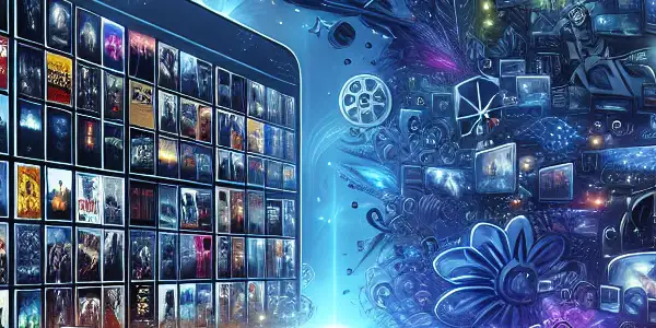 A futuristic digital interface showcasing a vibrant library of movie genres, focusing on adult films, with neon accents.