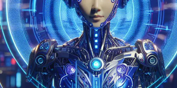 A captivating female robot in a high-tech, neon-lit environment, embodying beauty and advanced technology.