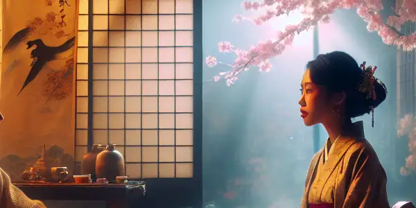 A couple in a serene Japanese room, blending modern and traditional attire, engaged in an intimate conversation.