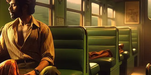A nostalgic green train interior with two characters sharing a secretive moment amidst a blurred countryside backdrop.