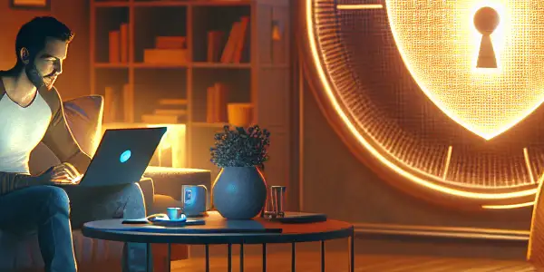 A cozy home setting with an individual watching adult content on a laptop, emphasizing privacy and intimacy.