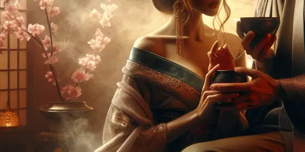 A romantic scene in a luxurious Japanese room featuring two elegantly dressed characters amidst cherry blossoms and soft lighting.