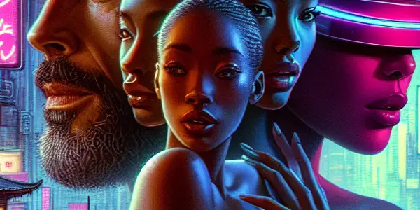 A vibrant Tokyo street scene featuring diverse actors expressing emotion, highlighting intimacy and modern virtual reality technology.