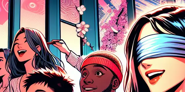 A lively gathering of diverse individuals engaging in playful, intimate challenges in a colorful, modern setting.