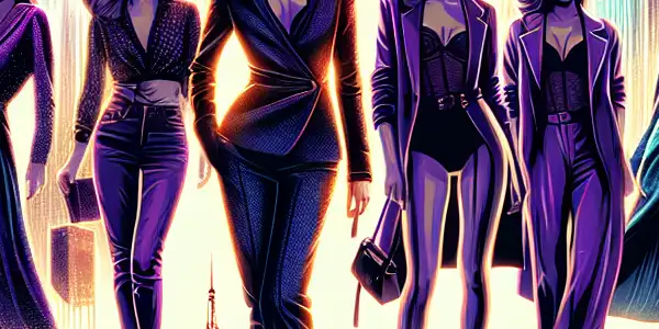 A vibrant city skyline at night with stylish adults, embodying allure and sophistication in a modern film poster.