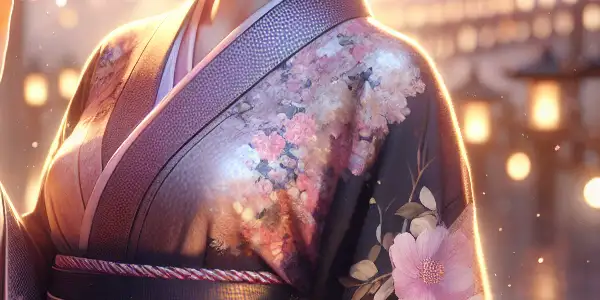 Mizuto Sakura in a romantic Japanese garden, surrounded by cherry blossoms, exuding charm and allure in a flowing kimono.