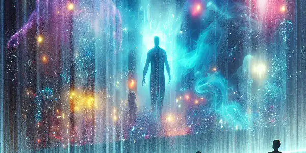 A futuristic home theater with a shimmering water curtain projecting abstract visuals, creating a cozy, dreamlike atmosphere.