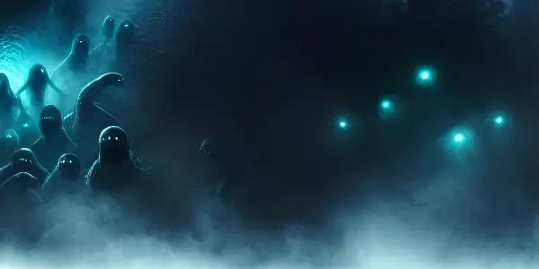 A frightened protagonist gazes at a dark, mysterious lake, hinting at a lurking, glowing water monster.