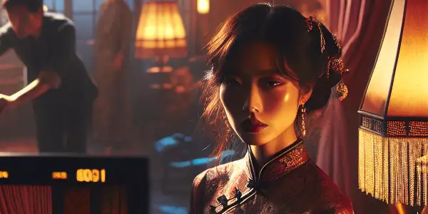 A woman resembling Tang Wei in a dimly lit, elegant room exuding tension and allure.