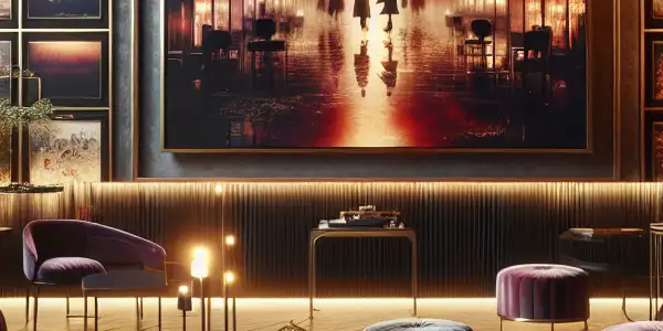 A luxurious, dimly lit room featuring elegant furnishings, a modern screen displaying vibrant adult film visuals, and intimate silhouettes of a couple.