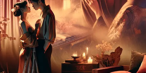 A romantic couple in an elegant, softly lit room, embodying passion and connection amidst luxurious decor.