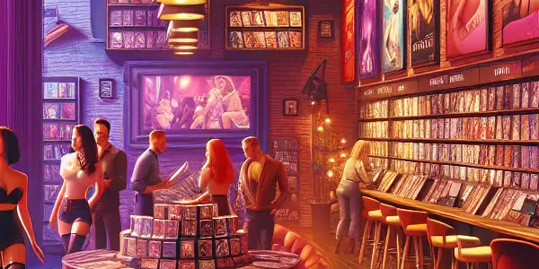 A vibrant adult store interior showcasing diverse customers browsing colorful DVDs and promotional posters in a cozy atmosphere.