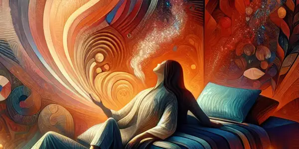 A serene individual relaxes in a cozy, colorful setting filled with sensory objects and Japanese-inspired elements.