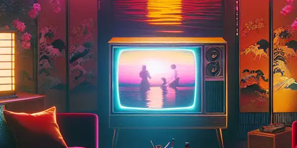 A nostalgic 1980s living room with plush furniture, vintage TV, and Japanese cultural elements.