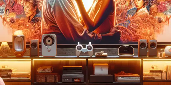 A cozy home theater scene with a diverse group enjoying adult films with Chinese subtitles, popcorn, and warm lighting.