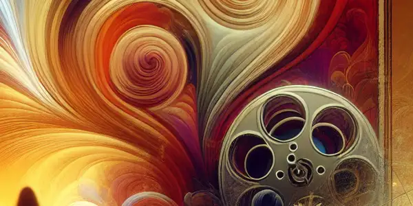 A sophisticated movie poster featuring a romantic scene, abstract intimacy, and elements of Japanese AV cinema.