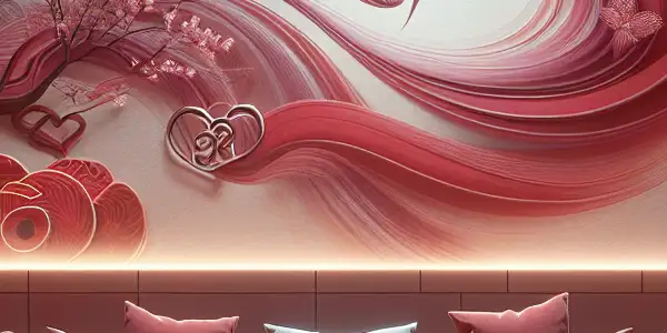 A cozy, modern viewing room featuring a large screen, plush seating, and romantic motifs like cherry blossoms and love locks.