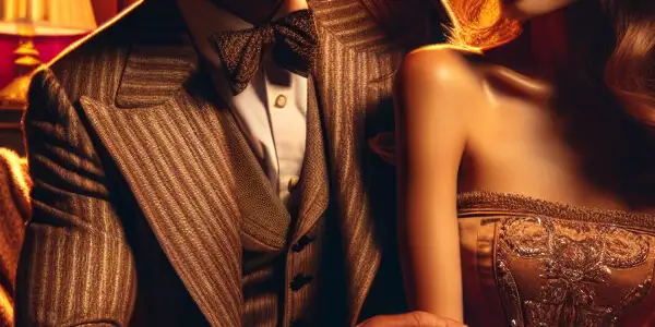 A cozy, dimly lit room featuring a charming male and alluring female character in a playful, flirtatious interaction.