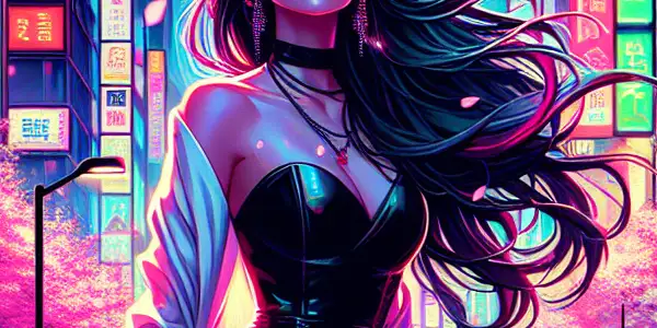 A fashionable woman in a vibrant Tokyo nightlife scene, surrounded by neon lights and cherry blossoms.