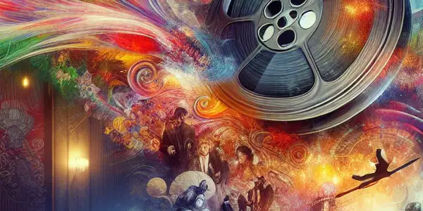 A cinematic scene showcasing a film reel with iconic Japanese adult film imagery in a vintage cinema setting.